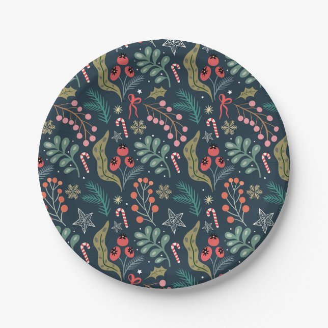 Festive Candy Cane and Holly Pattern Paper Plates (Front)