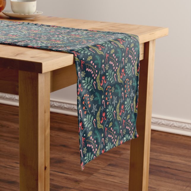 Festive Candy Cane and Holly Pattern Short Table Runner (In Situ)