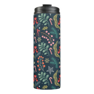 Festive Candy Cane and Holly Pattern Thermal Tumbler