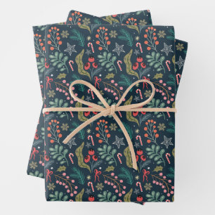 Festive Candy Cane and Holly Pattern Wrapping Paper Sheets