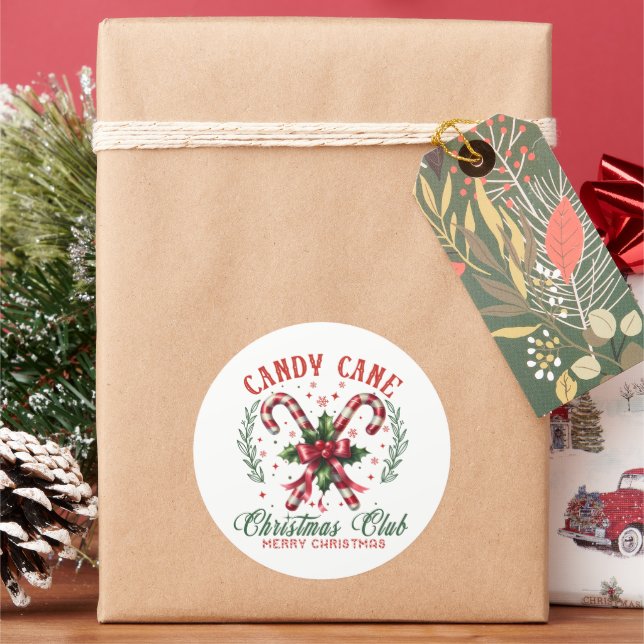 Festive candy cane Christmas club Classic Round Sticker (Holiday)