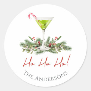 Festive Candy Cane Cocktail Martini and Mistletoe Classic Round Sticker