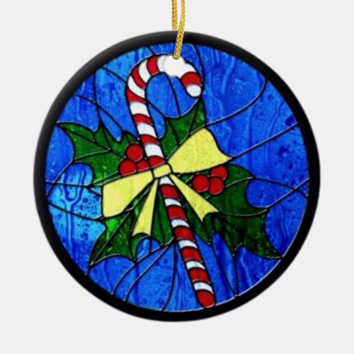 Festive Candy Cane Faux Stained Glass Christmas Ceramic Ornament