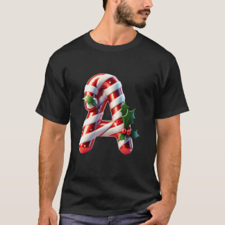 Festive Candy Cane Letter A Holly Design T-Shirt