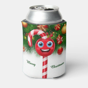 Festive Candy Cane Lollipop With Smiley Face Can Cooler