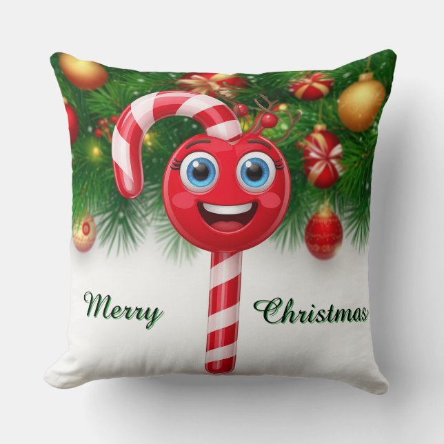 Festive Candy Cane Lollipop With Smiley Face Throw Pillow (Front)