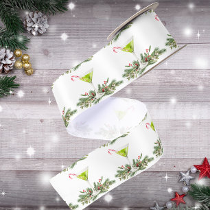 Festive Candy Cane Martini Cocktail Pattern Satin Ribbon