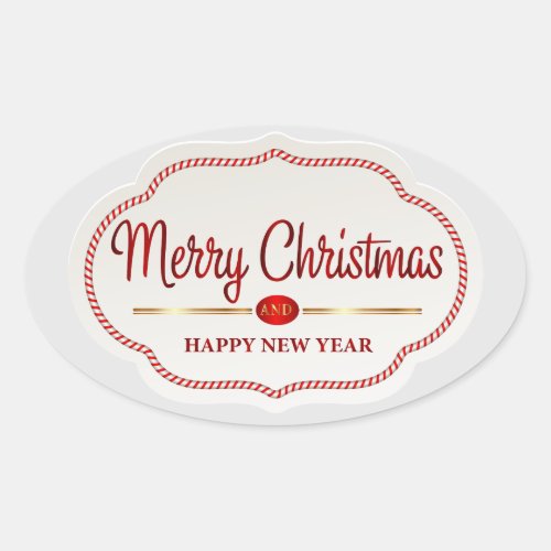 Festive Candy Cane Merry Christmas Happy New Year Oval Sticker