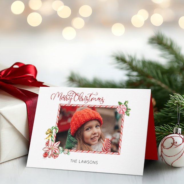 Festive Candy Cane Merry Christmas One Photo Holiday Card (Creator Uploaded)