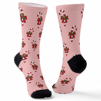 Festive Candy Cane Pattern On Pink Socks