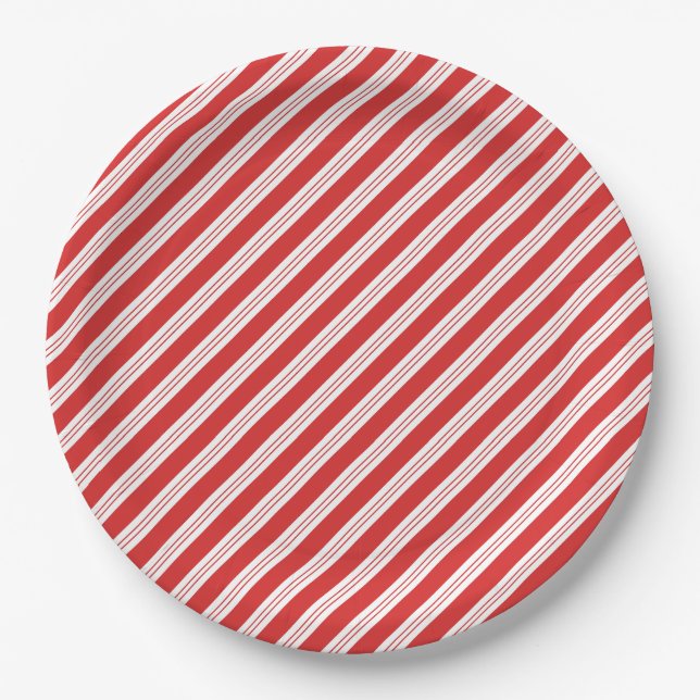 Festive Candy Cane Striped Christmas Red White  Paper Plates (Front)