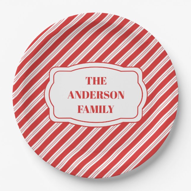 Festive Candy Cane Striped Christmas Red White  Paper Plates (Front)