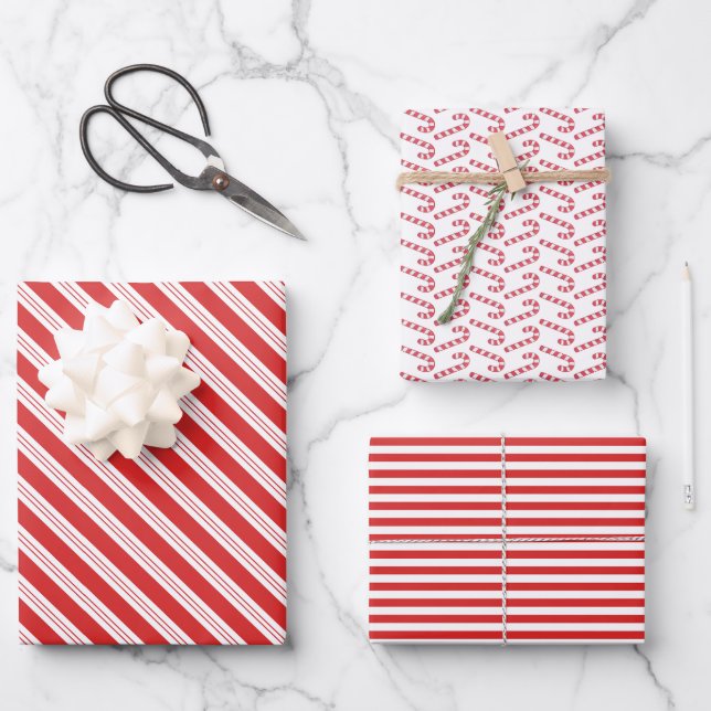 Festive Candy Cane Striped Christmas Red White Wrapping Paper Sheets (Front)
