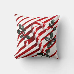 Festive Candy Cane with Holly Christmas Design Throw Pillow