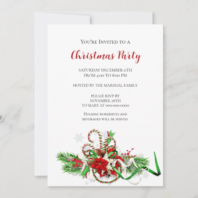 Festive Candy Canes and Poinsettia Christmas Party Invitation (Front)
