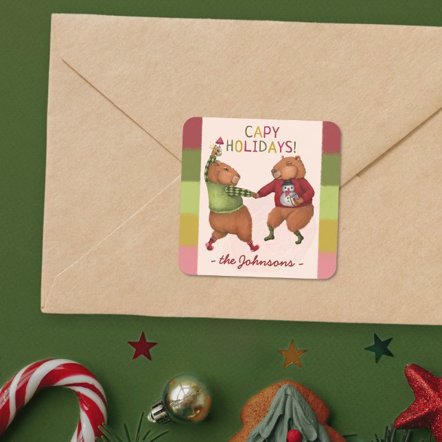 Festive Capybara Christmas Pun with Family Name Square Sticker (Creator Uploaded)