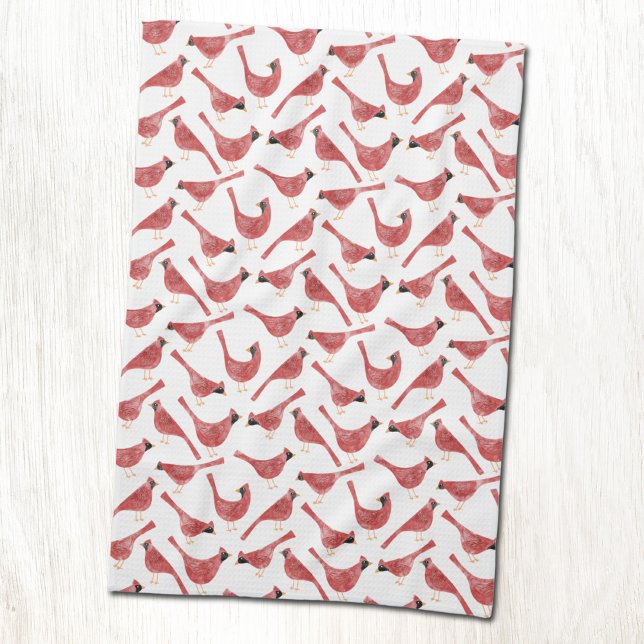 Festive Cardinal Bird Watercolor Kitchen Towel (Fun red watercolor festive Cardinal bird pattern Christmas Holidays kitchen towel)