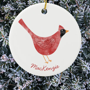 Festive Cardinal Bird Watercolor Personalized Ceramic Ornament