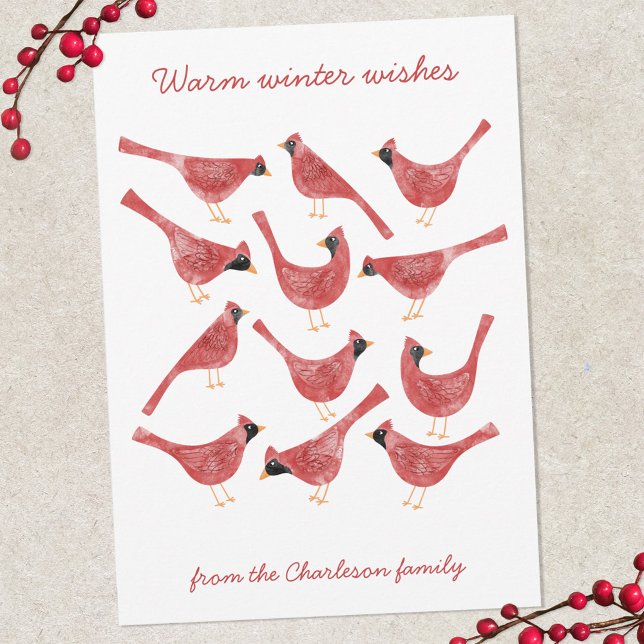 Festive Cardinal Bird Watercolor Personalized Holiday Card (Fun red and white watercolor Cardinal bird personalized Christmas Holiday card)