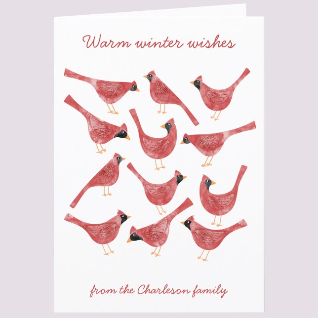 Festive Cardinal Bird Watercolor Personalized Holiday Card (Fun Cardinal bird red and white watercolor art personalized custom text holiday card)