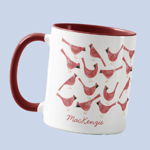 Festive Cardinal Bird Watercolor Personalized Name Mug