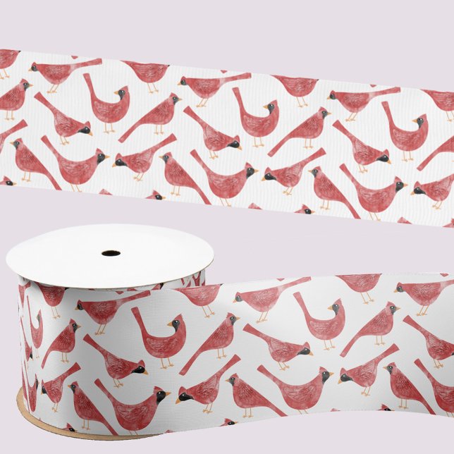 Festive Cardinal Bird Watercolor Red and White Satin Ribbon (Fun Cardinal bird watercolor festive Christmas Holiday satin ribbon for gift wrapping)
