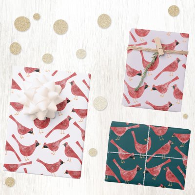 Festive Cardinal Bird Watercolor Wrapping Paper Sheets