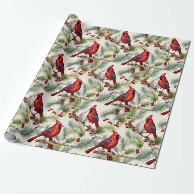 Festive Cardinal Holy Berry Pinecone Christmas Wrapping Paper (Unrolled)