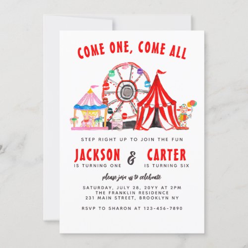 Festive Carnival Circus Show Kid Joint Birthday Invitation