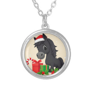 Festive Cartoon Black Horse With Santa Hat Silver Plated Necklace