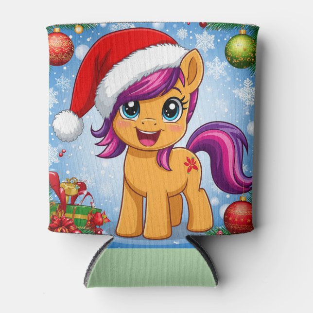Festive Cartoon Pony Wearing Santa Hat  Can Cooler (Front)