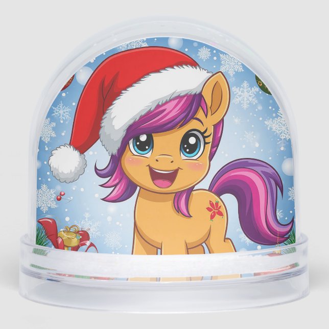 Festive Cartoon Pony Wearing Santa Hat  Snow Globe (Front)