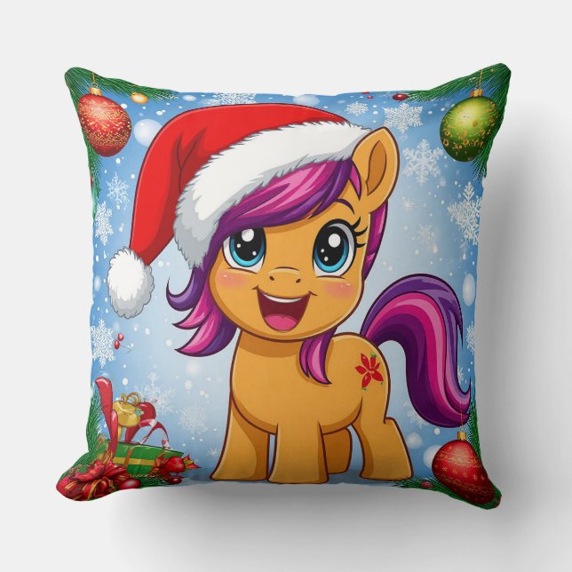 Festive Cartoon Pony Wearing Santa Hat  Throw Pillow (Front)