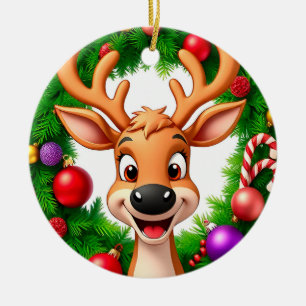 Festive Cartoon Reindeer Ceramic Ornament