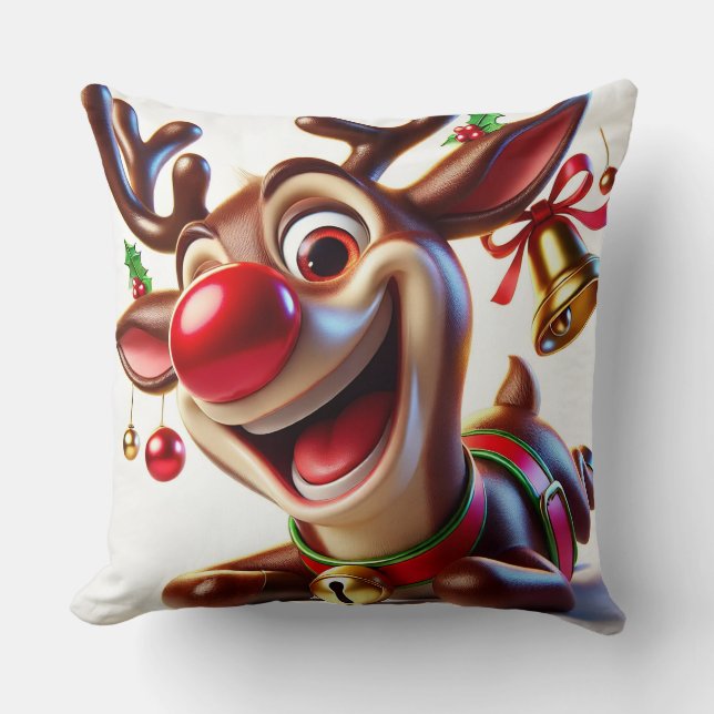 Festive Cartoon Reindeer with Christmas Decoration Throw Pillow (Front)