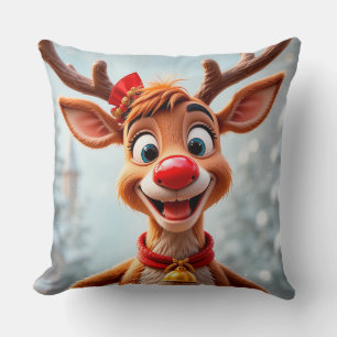 Festive Cartoon Reindeer with Christmas Decoration Throw Pillow