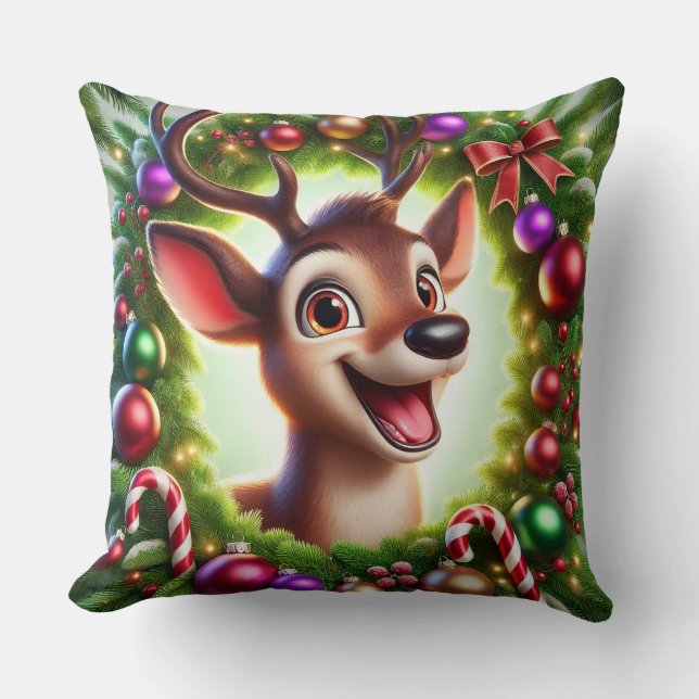 Festive Cartoon Reindeer with Christmas Decoration Throw Pillow (Front)