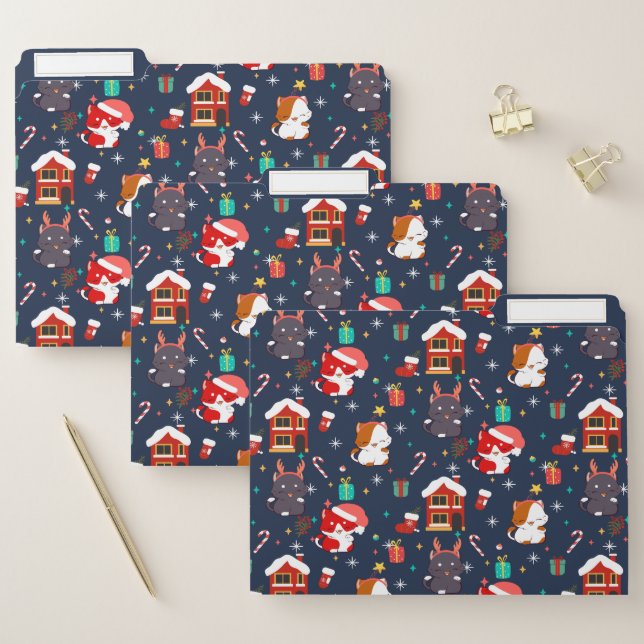 Festive Cartoon Santa Cat Celebration File Folder (Set)