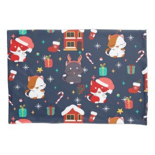 Festive Cartoon Santa Cat Celebration Pillow Case