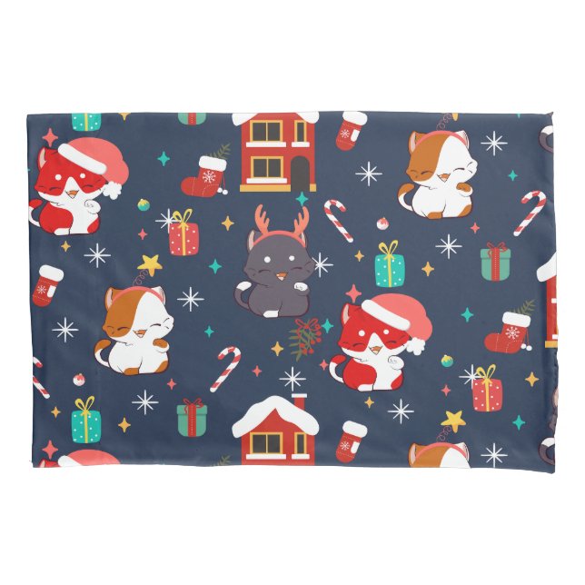 Festive Cartoon Santa Cat Celebration Pillow Case (Front)