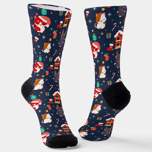 Festive Cartoon Santa Cat Celebration Socks (Angled)