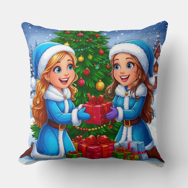 Festive Cartoon Scene of Two Friends Throw Pillow (Front)