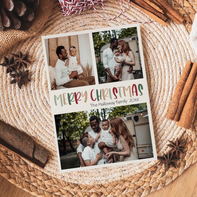 Festive Casual Colorful Christmas Bold Three Photo Holiday Card (Creator Uploaded)