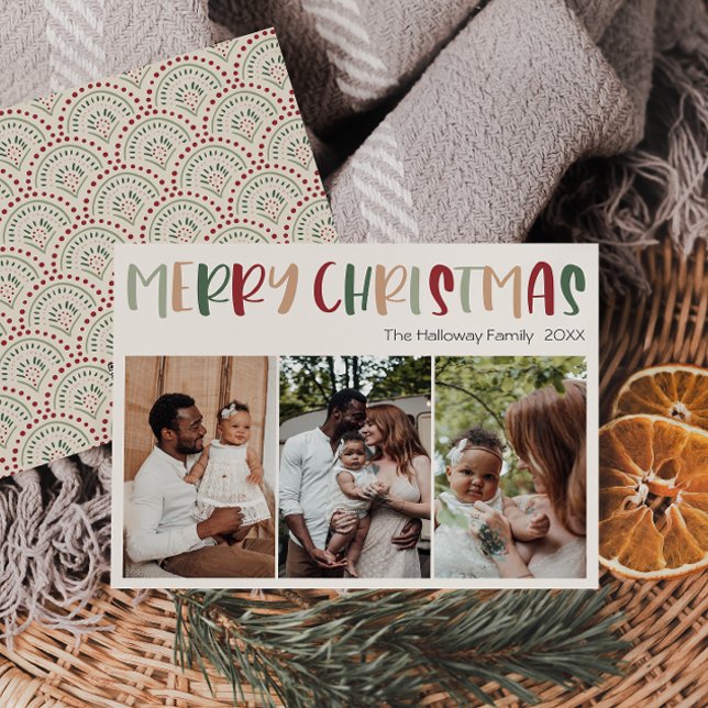 Festive Casual Colorful Christmas Three Photo Holiday Card (Creator Uploaded)