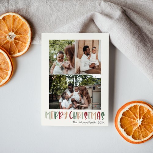 Festive Casual Colorful Christmas Vertical 3 Photo Holiday Card