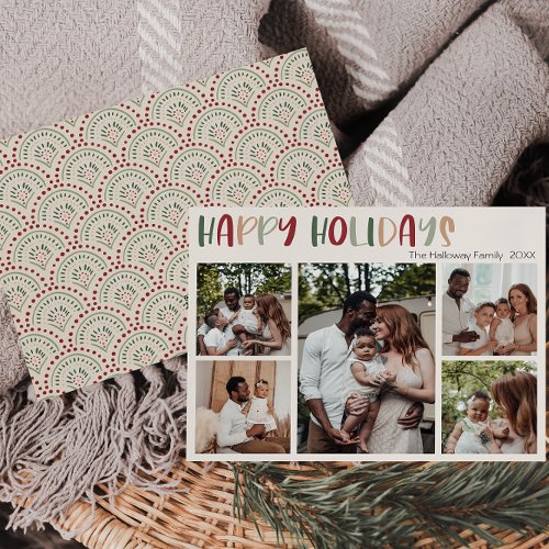 Festive Casual Colorful Happy Holidays Five Photo Holiday Card