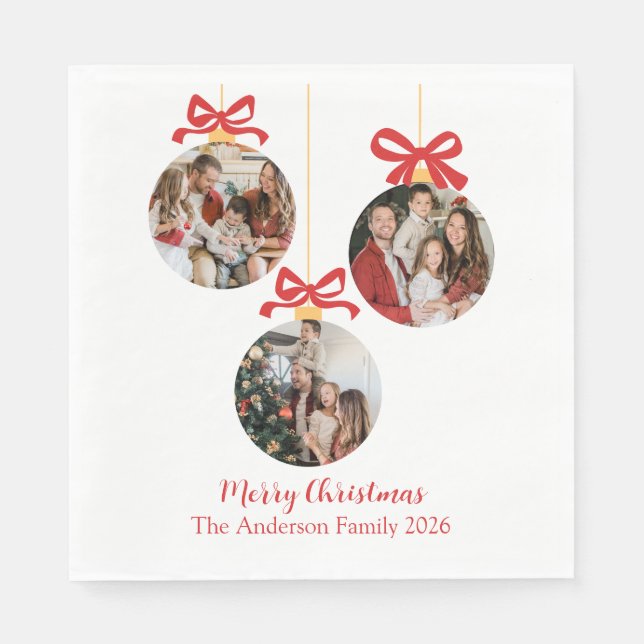 Festive Casual Merry Christmas Ornament Photo Red  Napkins (Front)