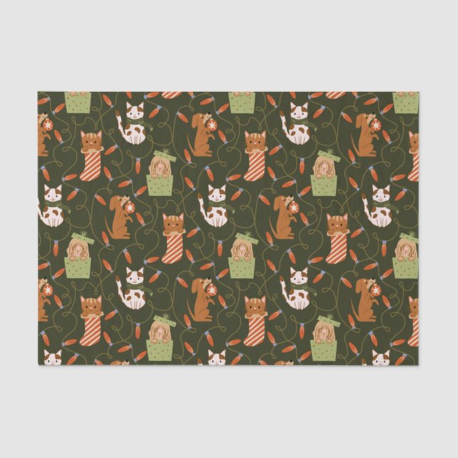 Festive Cat Dog Christmas Lighting Green Tissue Paper (Front)