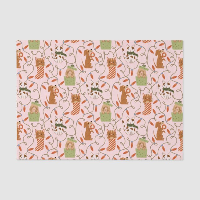 Festive Cat Dog Christmas Lighting Pink Tissue Paper (Front)