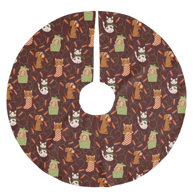 Festive Cat Dog Christmas Lights Red Brushed Polyester Tree Skirt (Front)